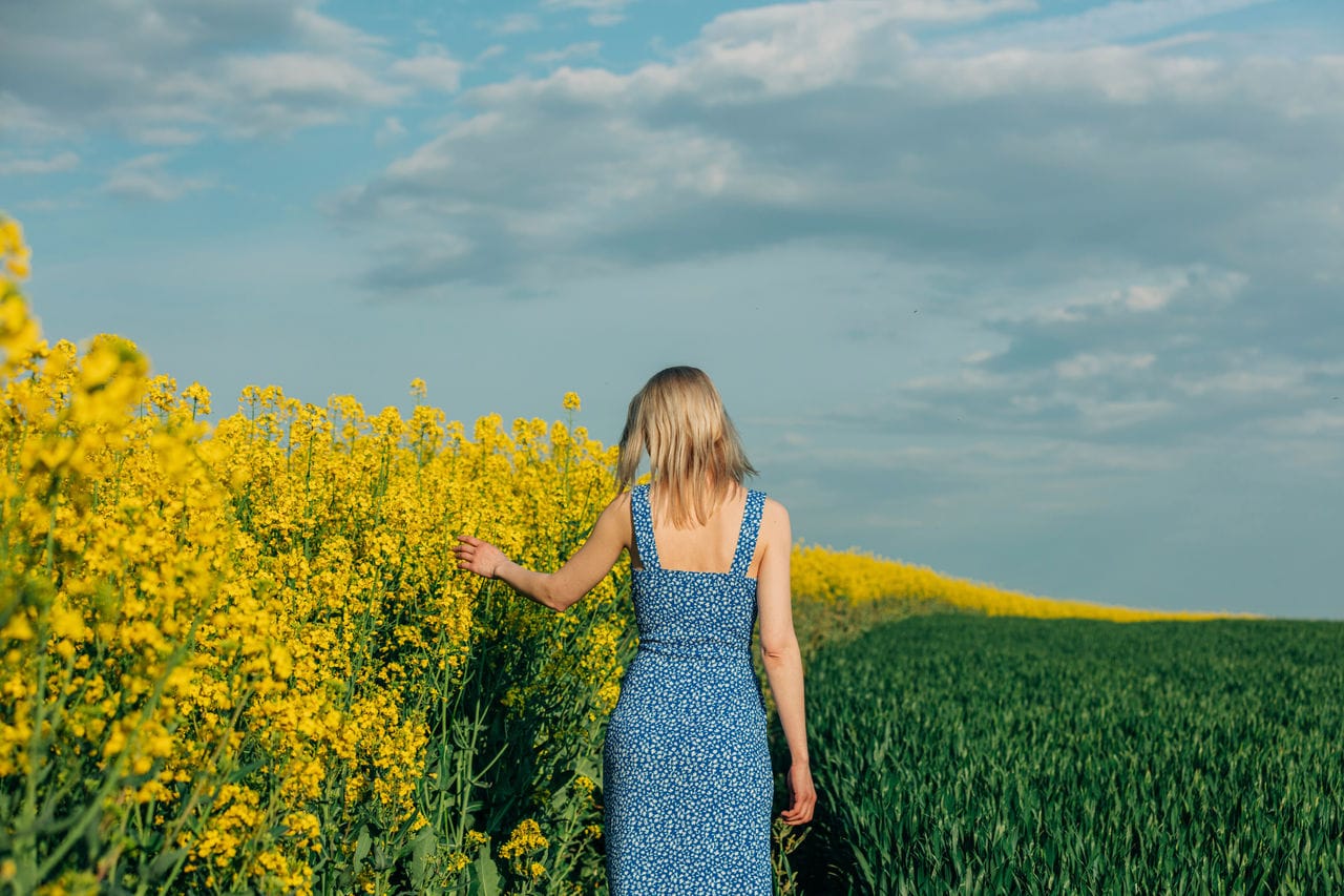 Blonde woman in blue dress in rapeseed field on blue sky background; Shutterstock ID 2303421033; purchase_order: MB images; job: ; client: ; other: 